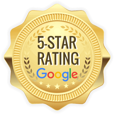A gold badge that says 5 star rating google