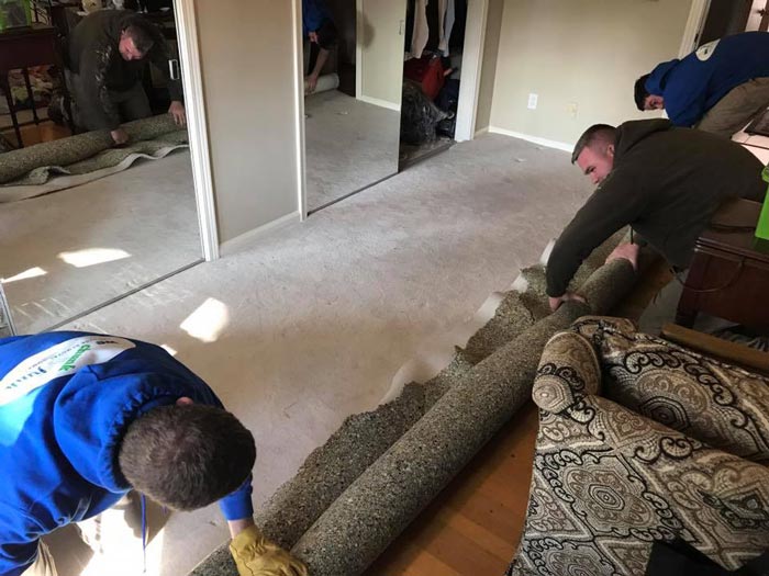 A group of men are working on a carpet in a living room.