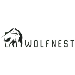 Black wolf silhouette with a cabin outline, "WOLFNEST" text.