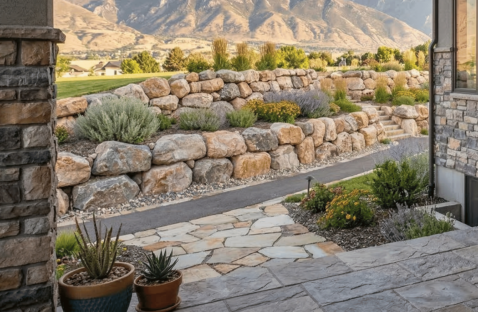 Boulder retaining wall used for natural slope stabilization in a Utah residential landscape