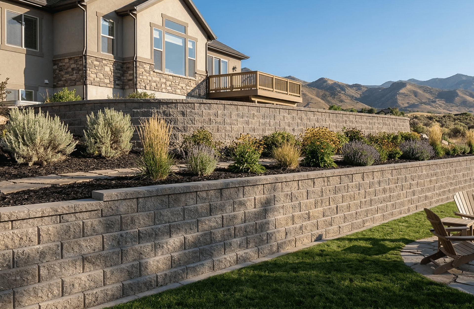 Concrete block retaining wall installed to support elevated yard landscaping