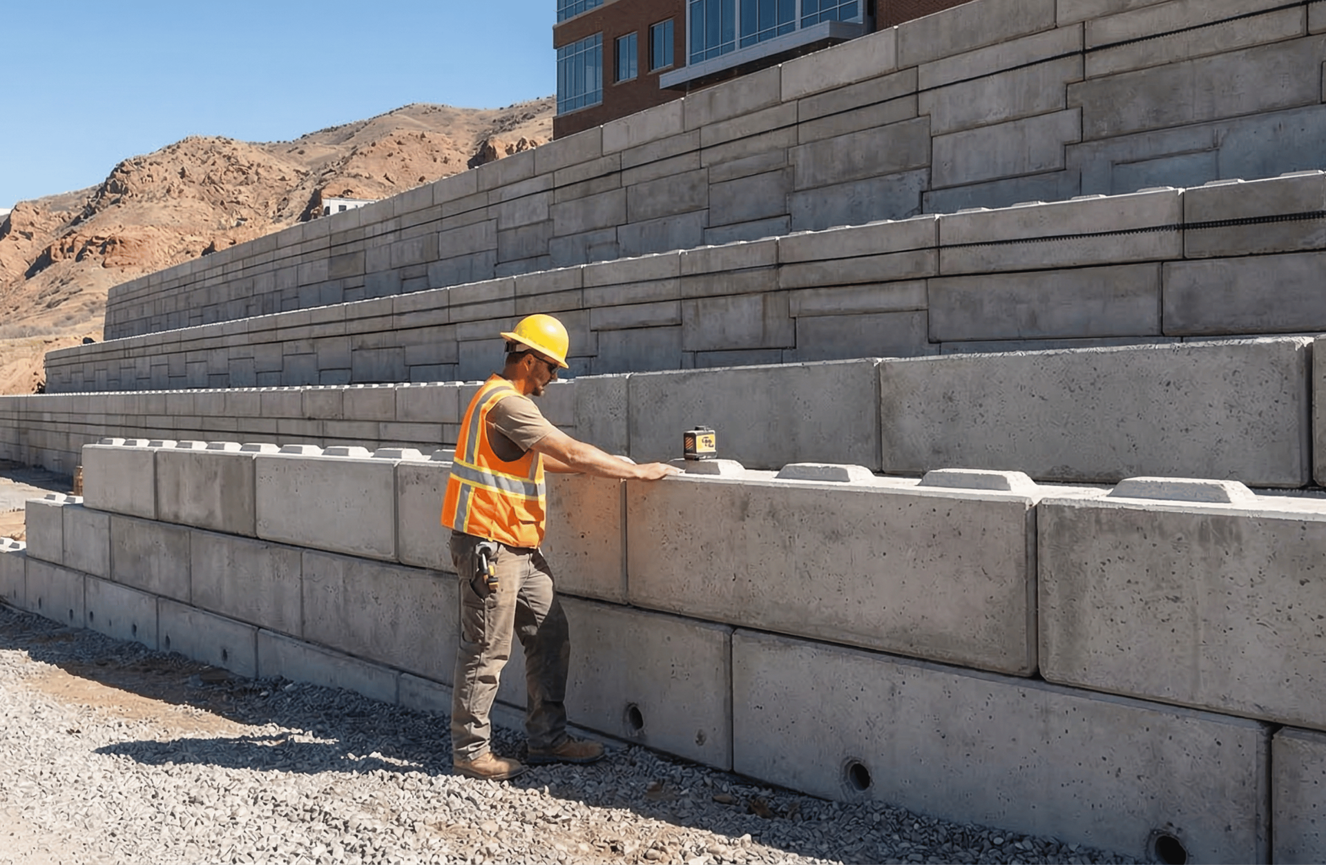 Engineered concrete retaining wall designed for large commercial grade stabilization