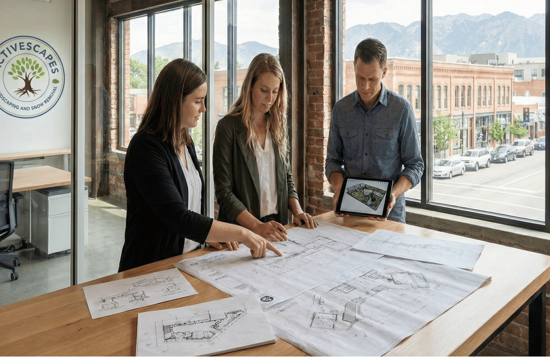 Expert landscape designers from Activescapes in Salt Lake City reviewing custom landscape design plans during a client consultation.