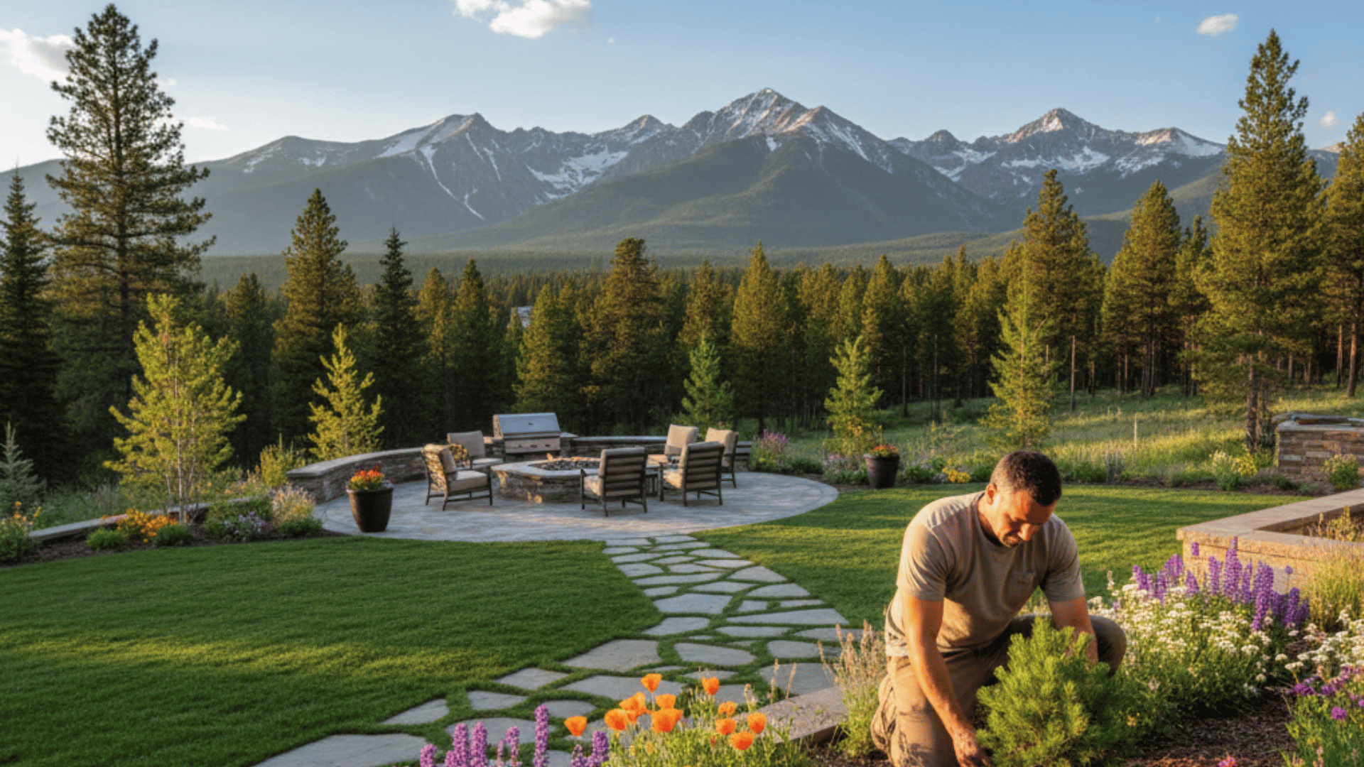 Activescapes landscaper grading soil and preparing a retaining wall in Alpine Utah with scenic hillside views and professional outdoor construction work.