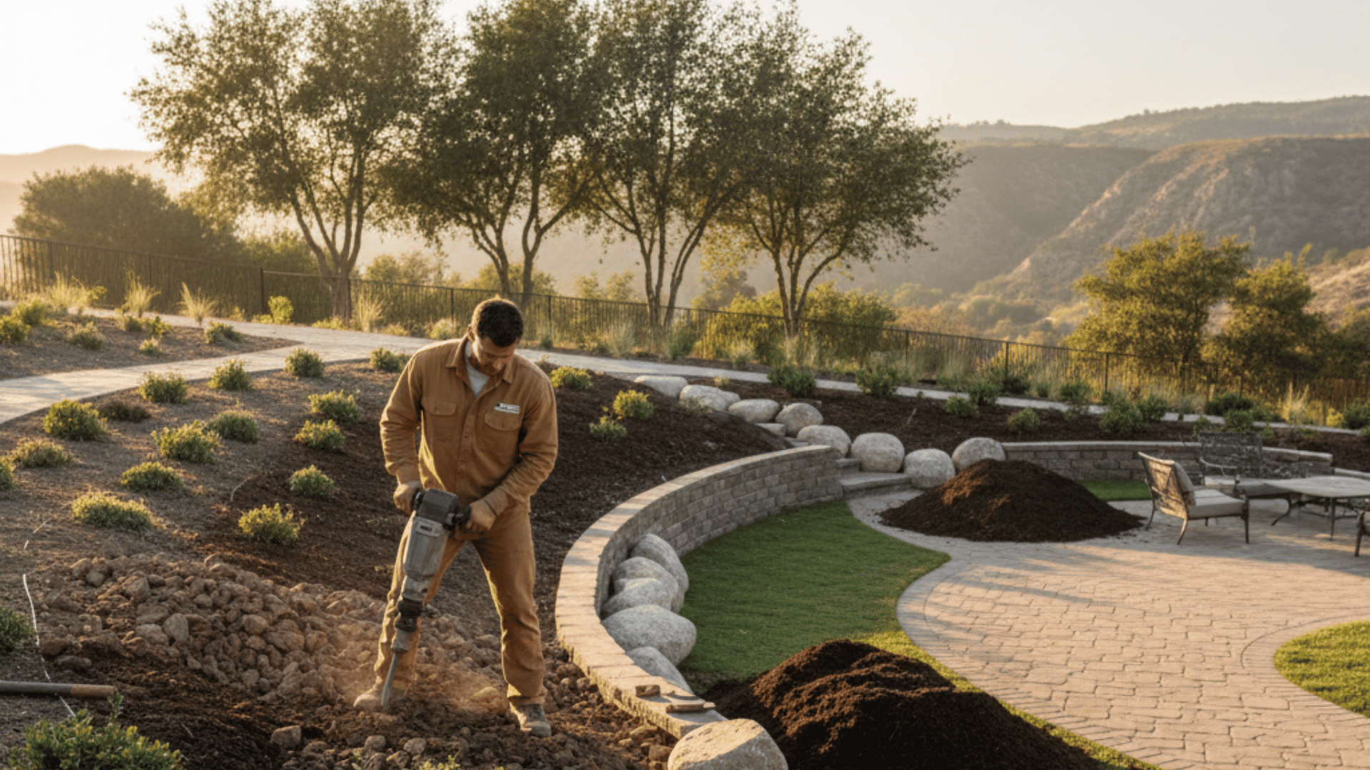 Activescapes landscaper planting shrubs and flowers in Centerville Utah with mountain views and a custom stone patio outdoor living space.
