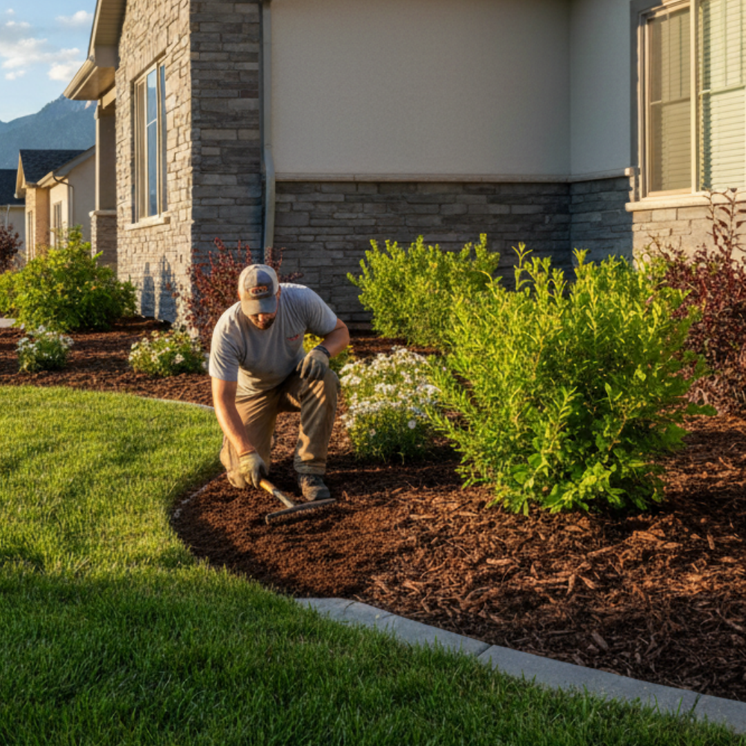 Freshly installed brown mulch around shrubs and flowering plants in a well-maintained residential landscape in Salt Lake City, UT.