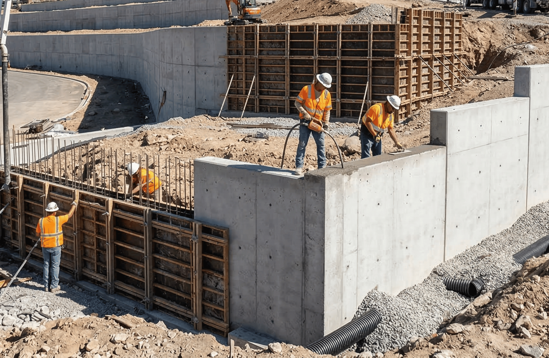Workers installing a poured concrete retaining wall for structural slope support