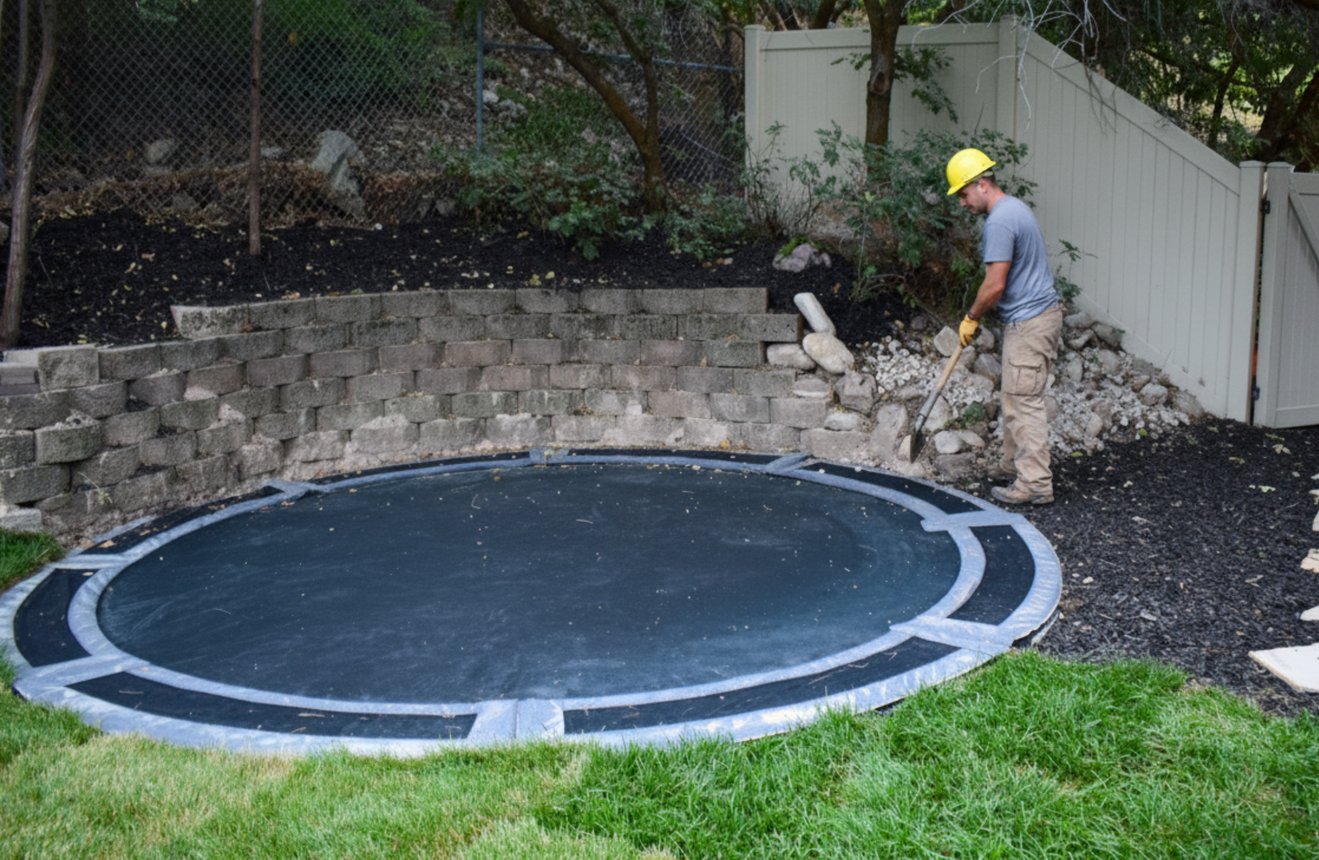 Contractor preparing base foundation for retaining wall installation in a residential backyard in Salt Lake City