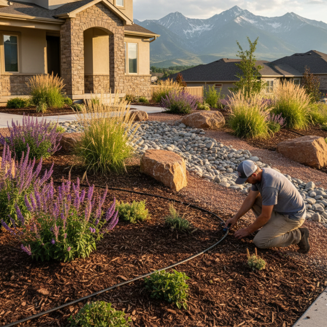 Professional xeriscaping project in Salt Lake City featuring drought-tolerant plants and decorative rock landscaping.