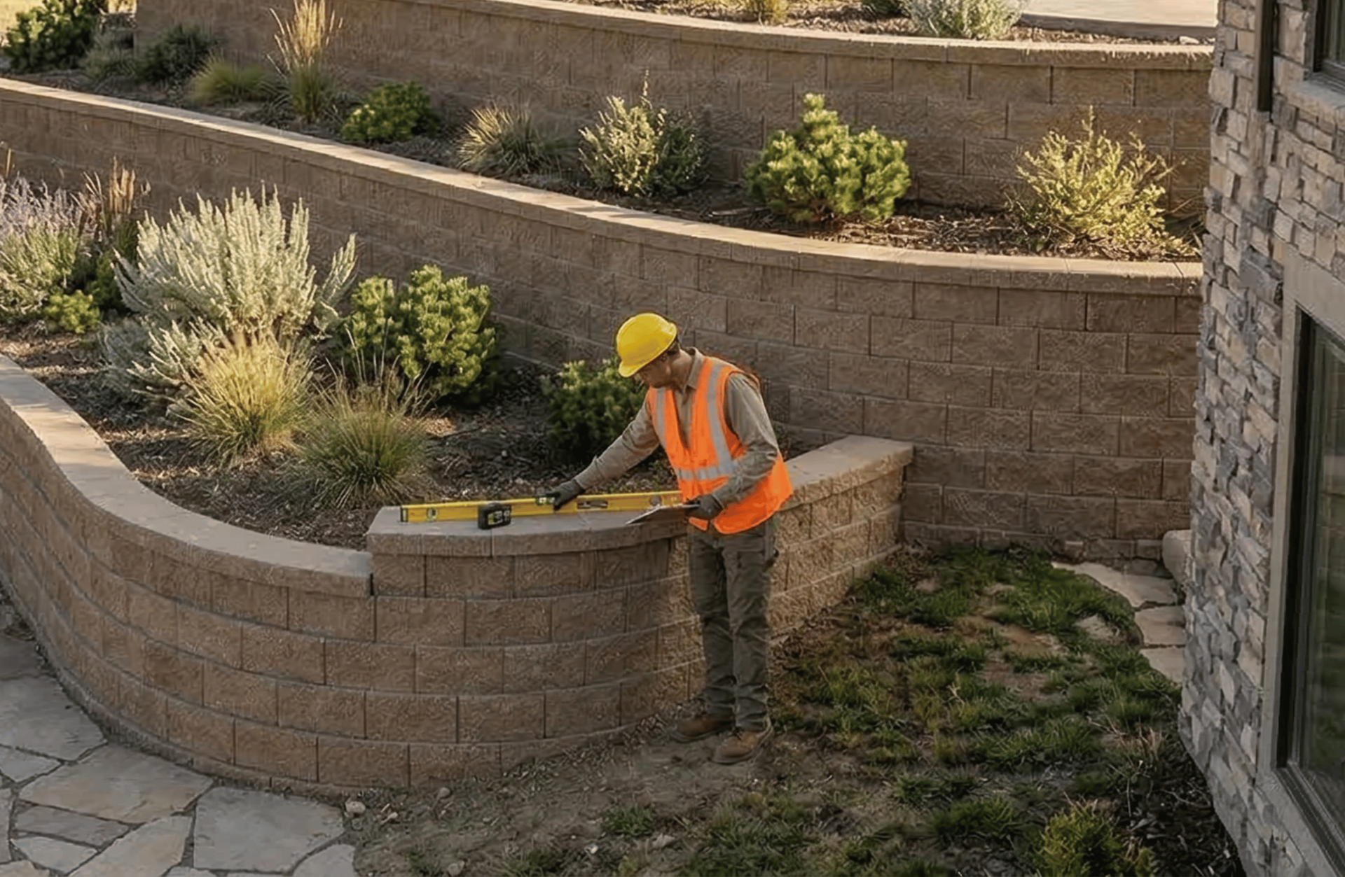Segmental retaining wall construction supporting residential landscape terraces