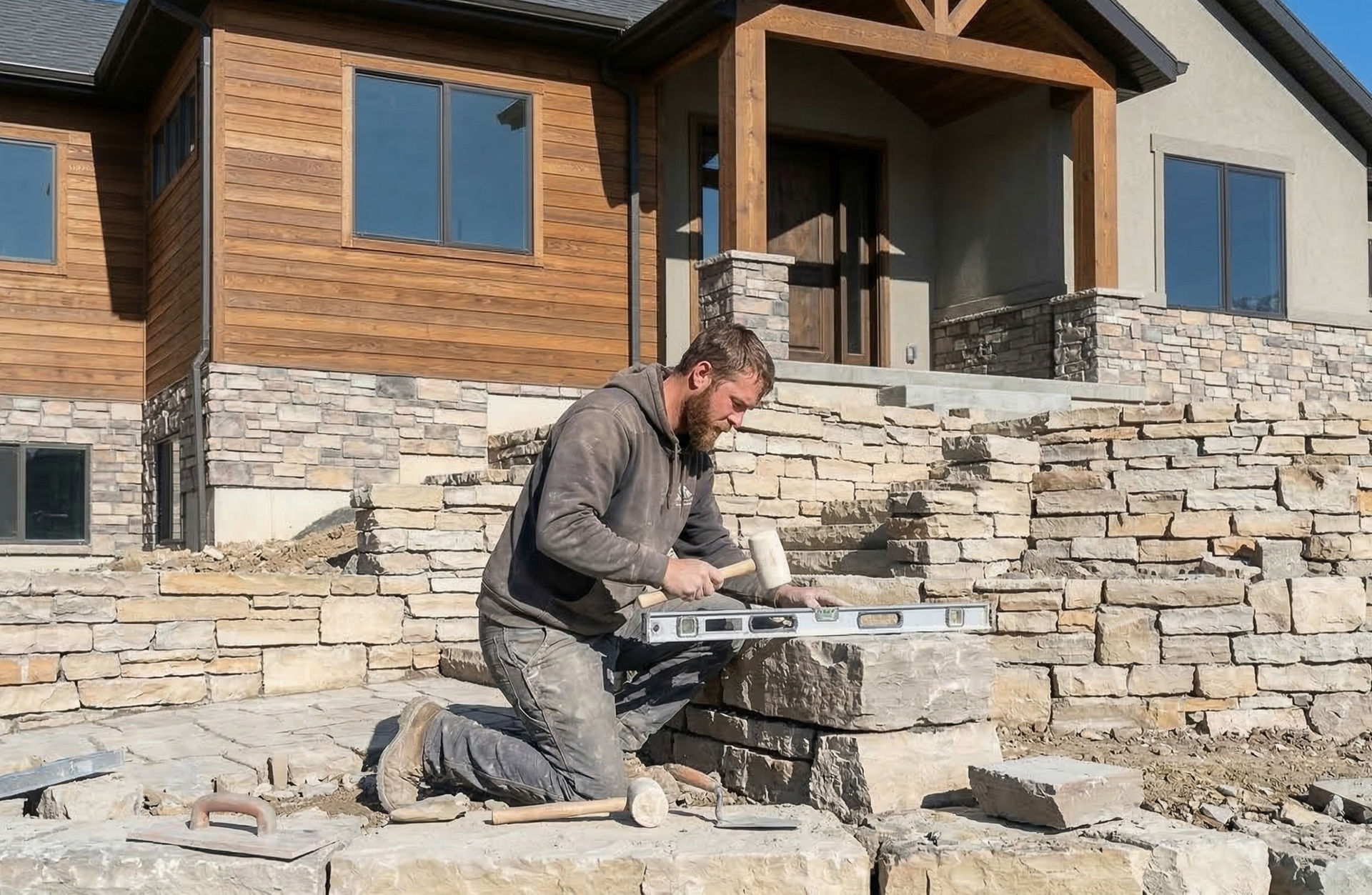 Activescapes worker installing natural stone retaining wall for residential hardscaping project in Salt Lake City