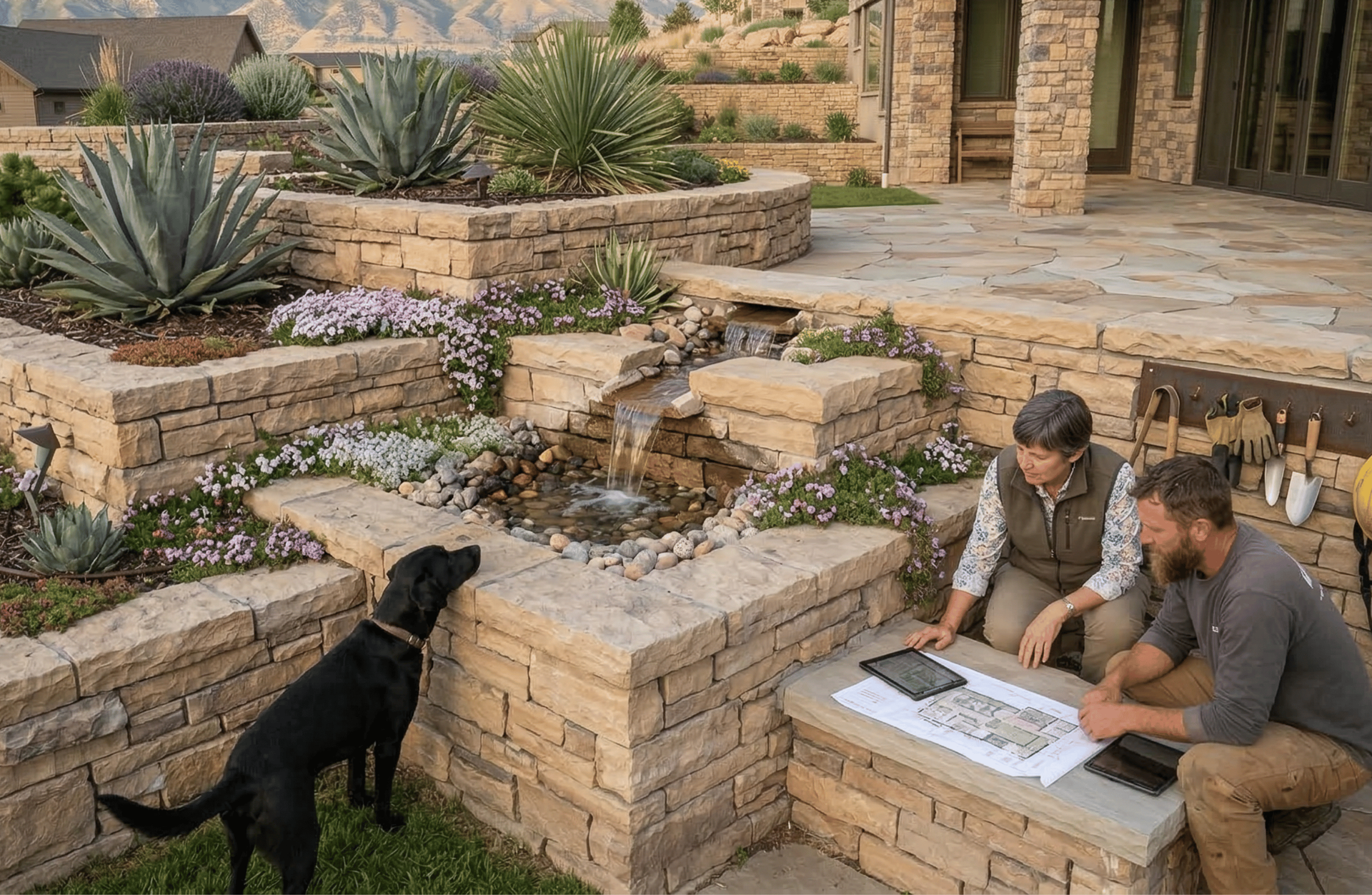 Terraced retaining wall landscape design creating multiple garden levels for slope management