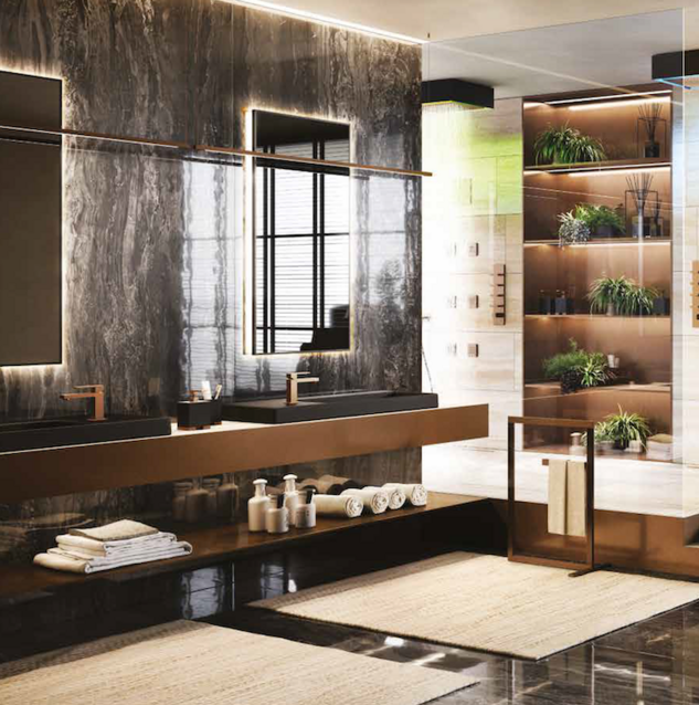 Luxurious modern bathroom with stone wall, double sinks, and a plant display.