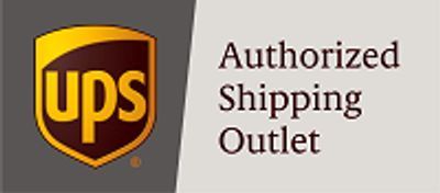 A UPS Authorized Shipping Outlet sign with the brown UPS shield logo and brown text on a gray and light-gray background.