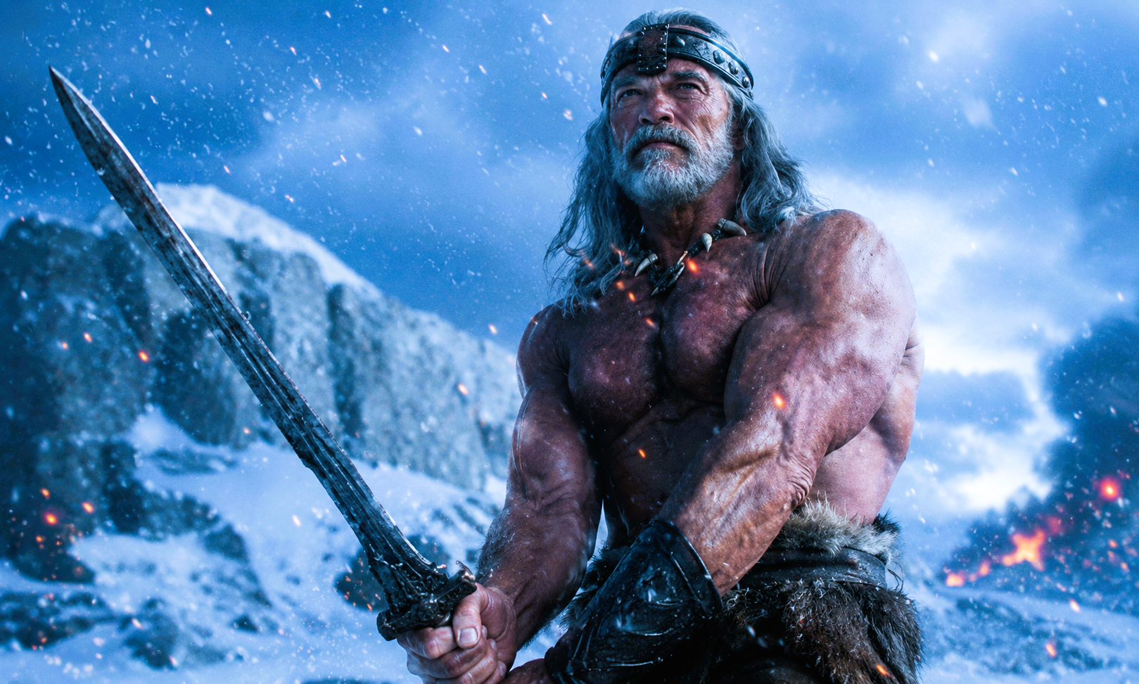 The Old Wolf of Cimmeria A battle-worn King Conan, depicted as an older grey-haired warrior inspired by Arnold Schwarzenegger, stands in a snow-covered landscape with sword in hand as embers drift through the icy air.