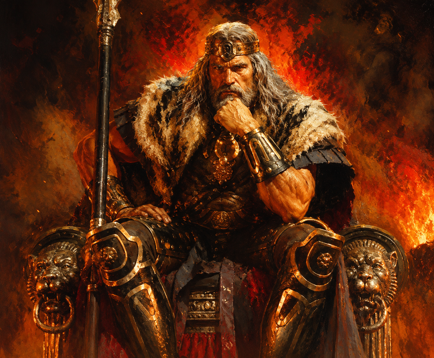 The Legend Continues? A richly coloured fantasy painting of an older King Conan, inspired by Arnold Schwarzenegger, seated upon a throne amid fire and shadow, embodying the ageing barbarian king imagined for the long-rumoured sequel.