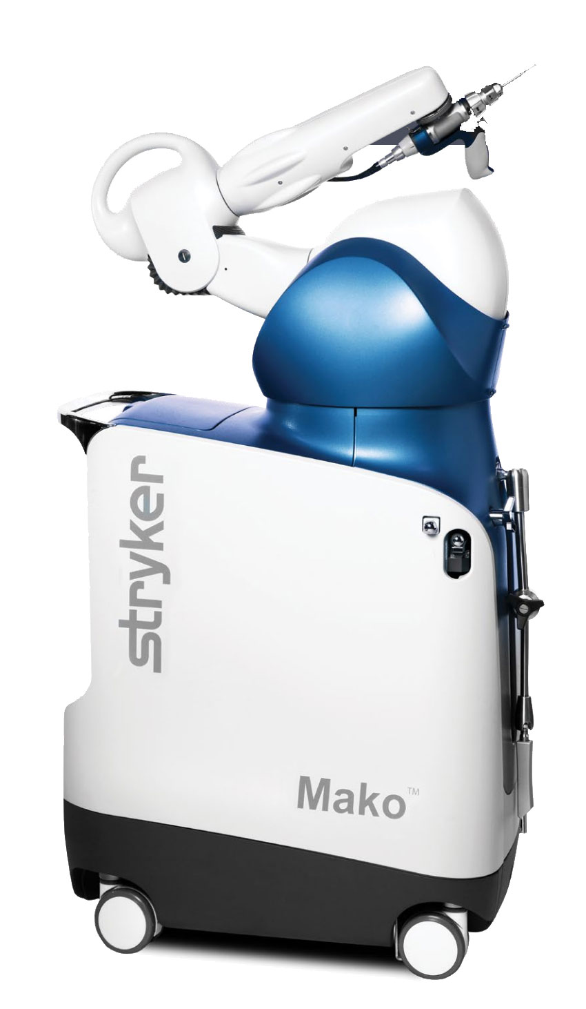 A stryker mako robotic arm is sitting on a white surface.
