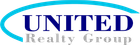 Logo of "UNITED Realty Group" with a blue arc and text in navy blue and gray.