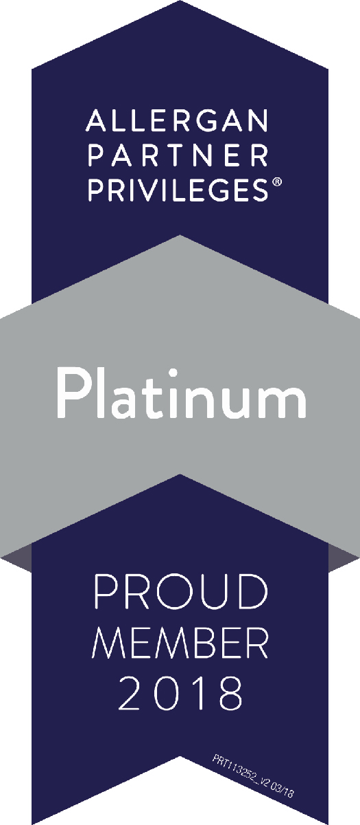 A ribbon that says allergan partner privileges platinum proud member 2018