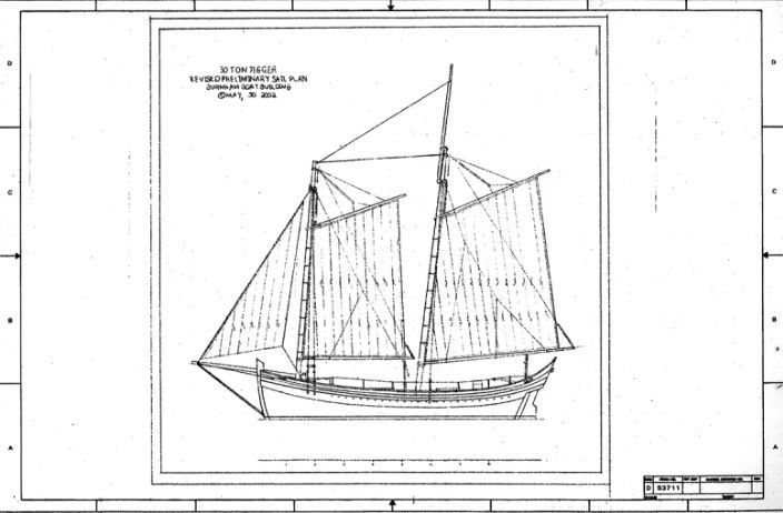 A black and white drawing of a boat with sails