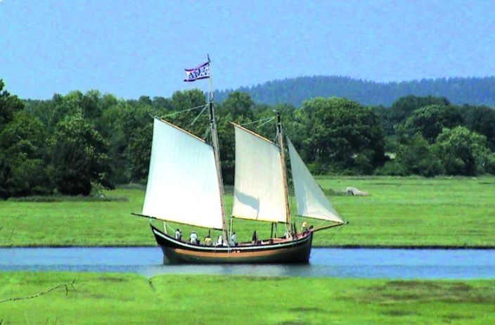 A sailboat is floating on a river with a flag on top of it