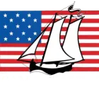 A drawing of a sailboat in front of an american flag