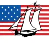 A drawing of a sailboat in front of an american flag