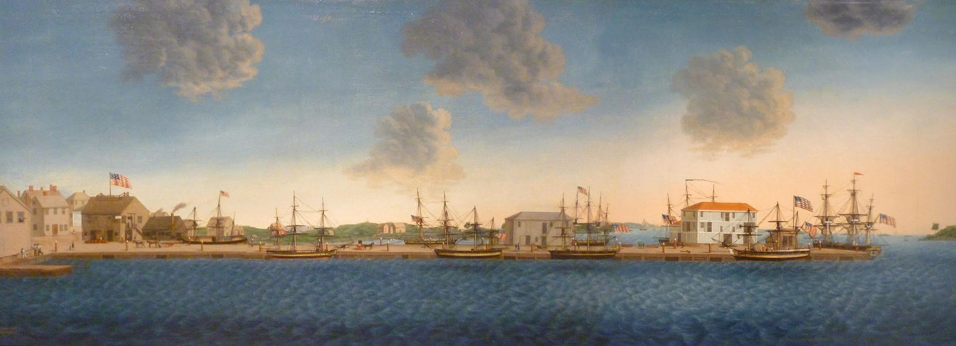 A painting of a harbor with a lot of ships in the water.