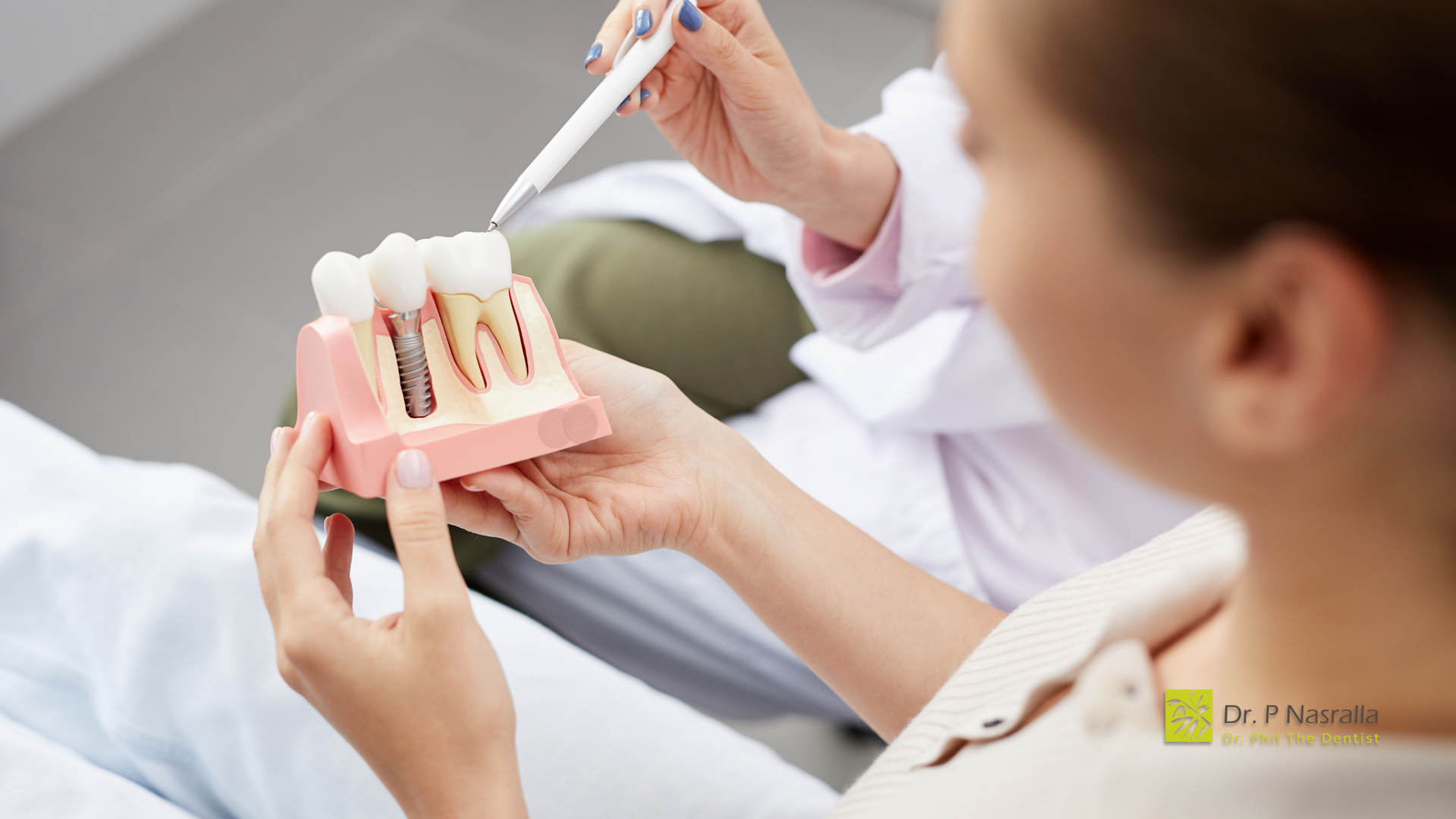 A woman is holding a model of teeth and a pen.