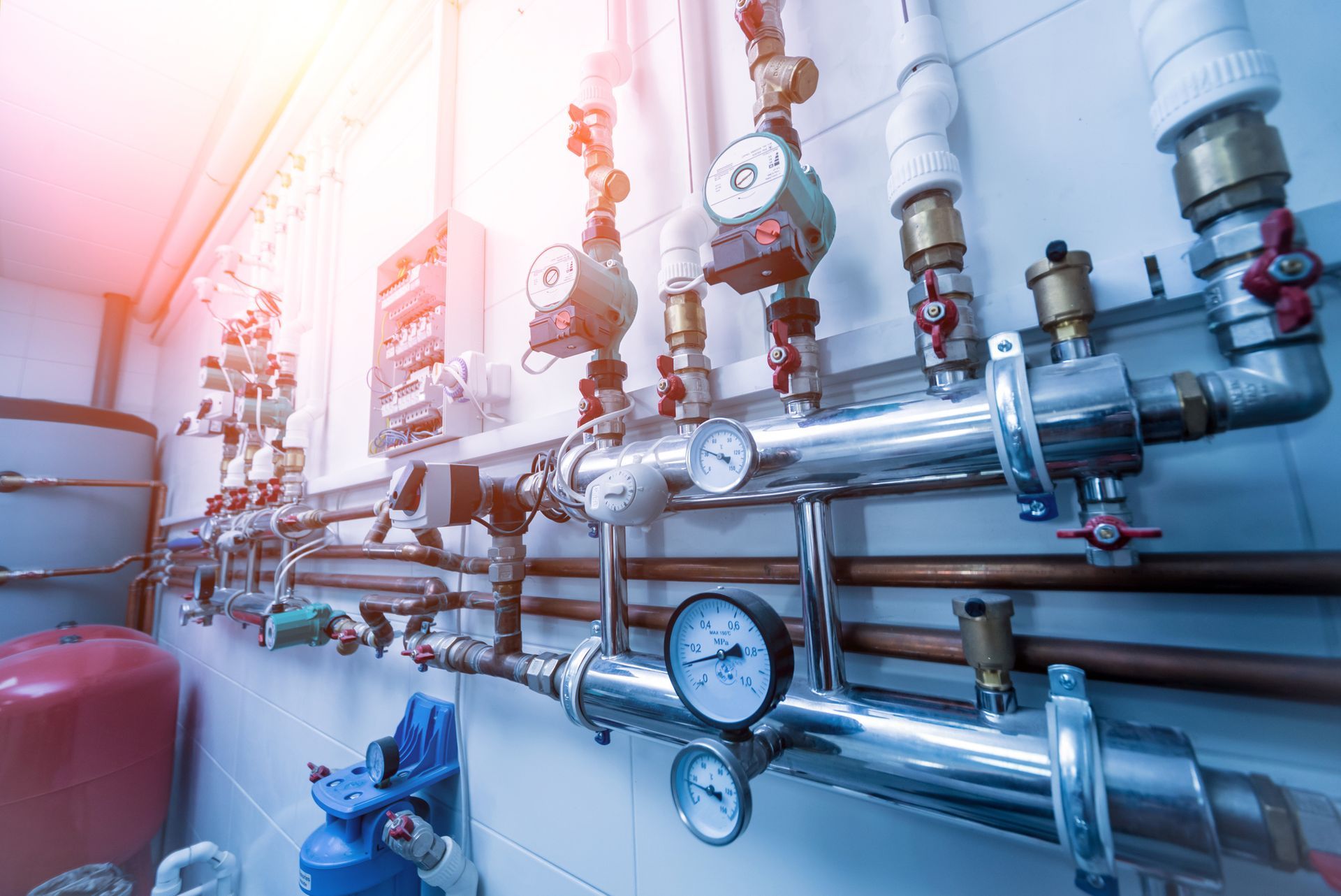 Tubi, manometri e valvole in una sala macchine, che indicano il flusso e la pressione dell'acqua.
