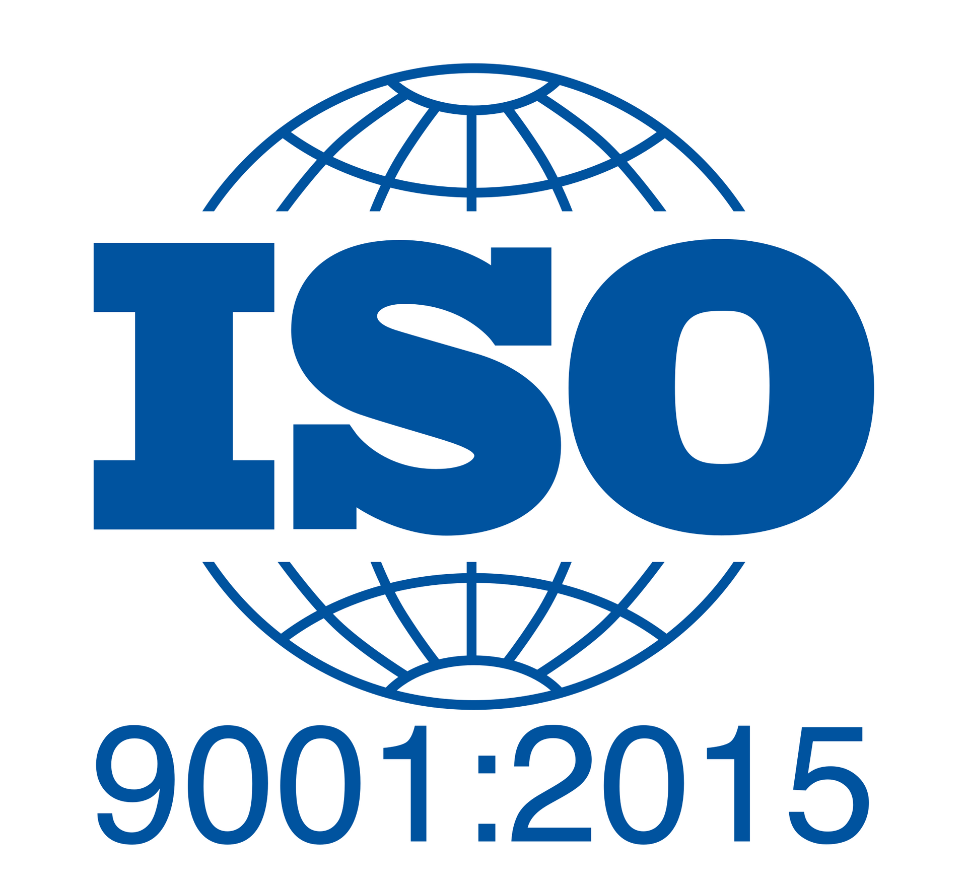 Logo ISO 9001:2015, testo blu e icona del globo che indicano la certificazione del sistema di gestione della qualità.