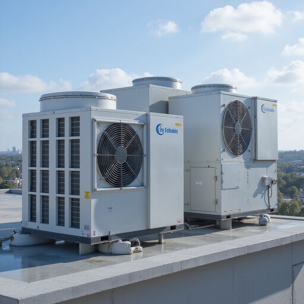 Grandi unità di aria condizionata sul tetto di un edificio contro un cielo azzurro.