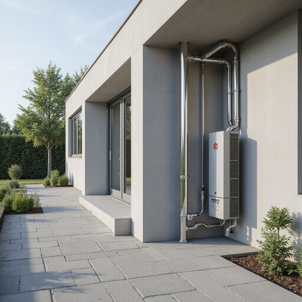 Scaldabagno esterno su un edificio grigio, con tubi argentati e un patio in pietra.