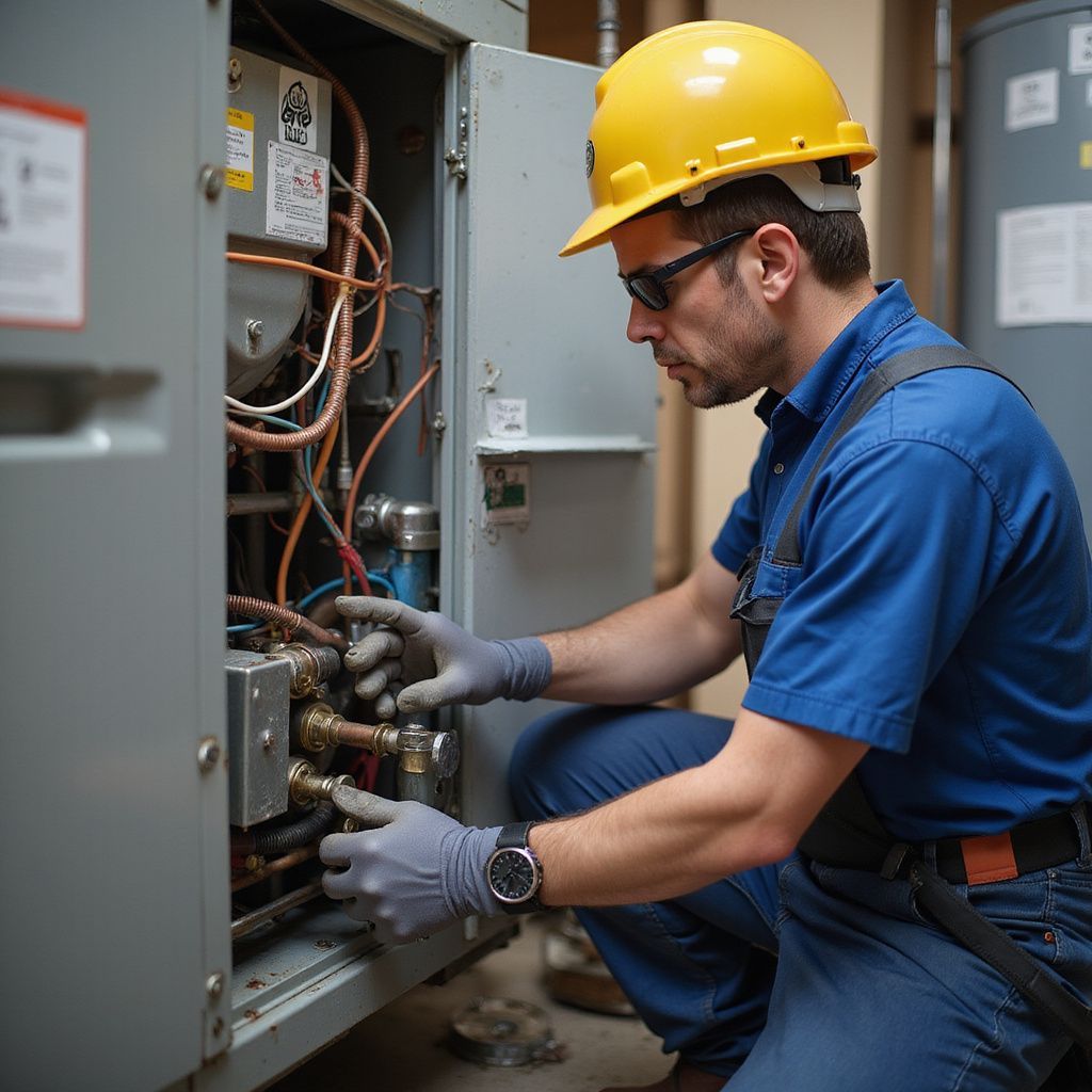 Tecnico con casco e guanti al lavoro sui macchinari.