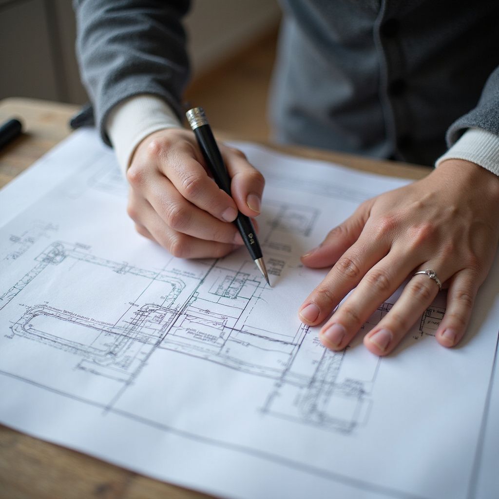 Persona che scrive su progetti architettonici con una penna, indossando un blazer, in un ambiente interno.