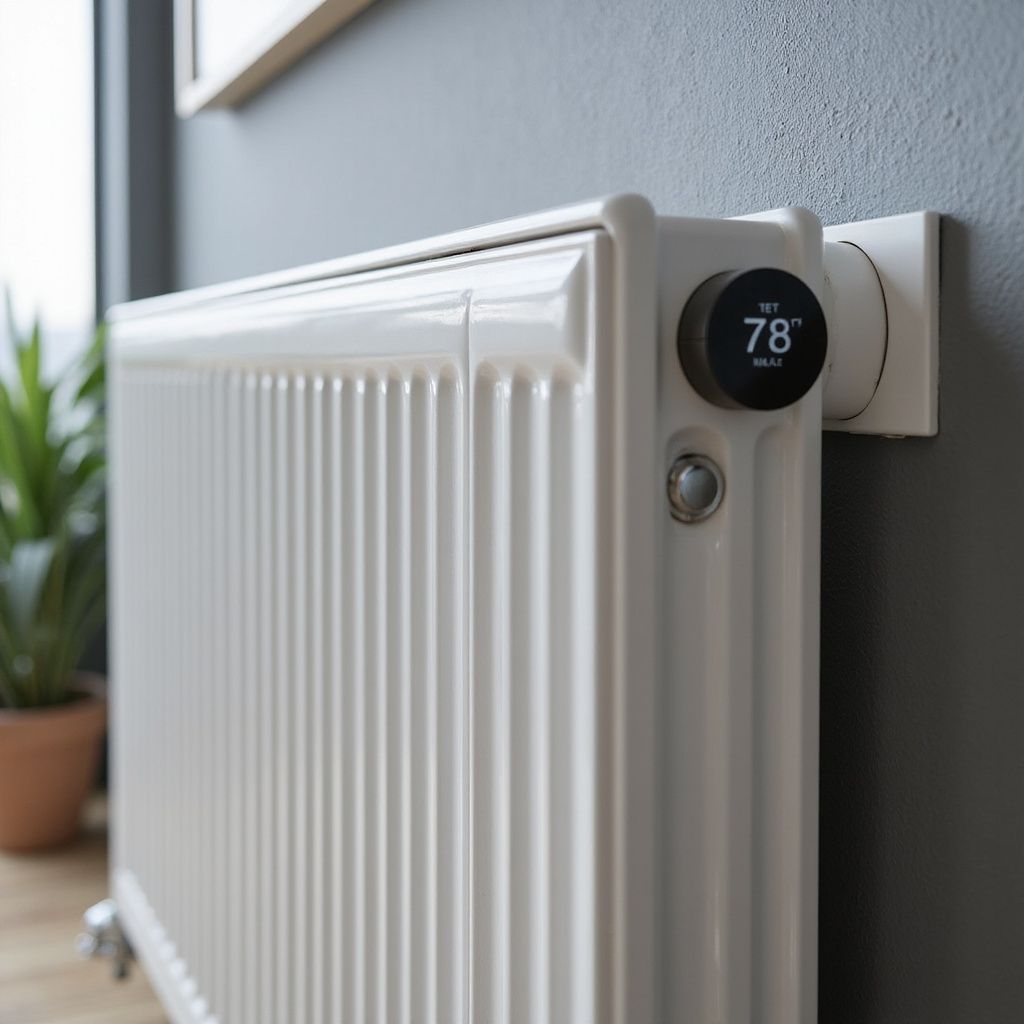 Radiatore bianco con termostato intelligente collegato, che segna 25 gradi. Parete grigia, pianta in vaso visibile.