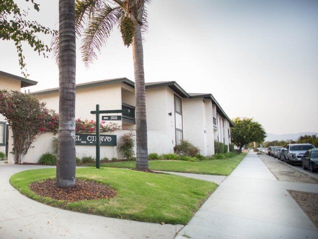 The walkway in front of Del Ciervo apartments