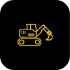 A yellow excavator icon on a black background.