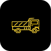 A yellow dump truck icon on a black background.