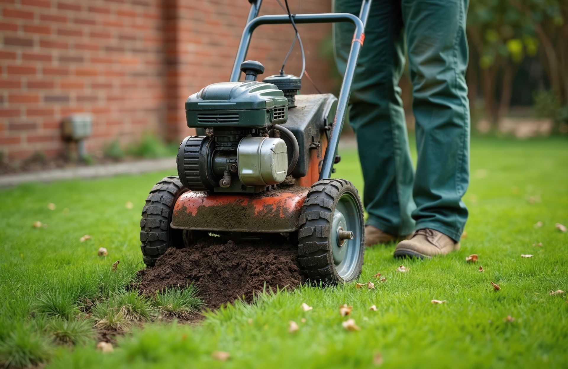 Un homme utilise une tondeuse à gazon verte pour couper l'herbe.