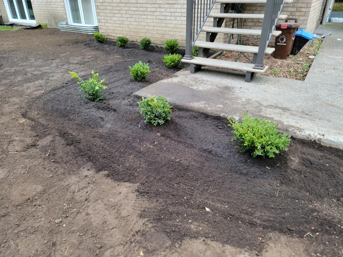 Une jardinière avec des plantes qui poussent devant un escalier.