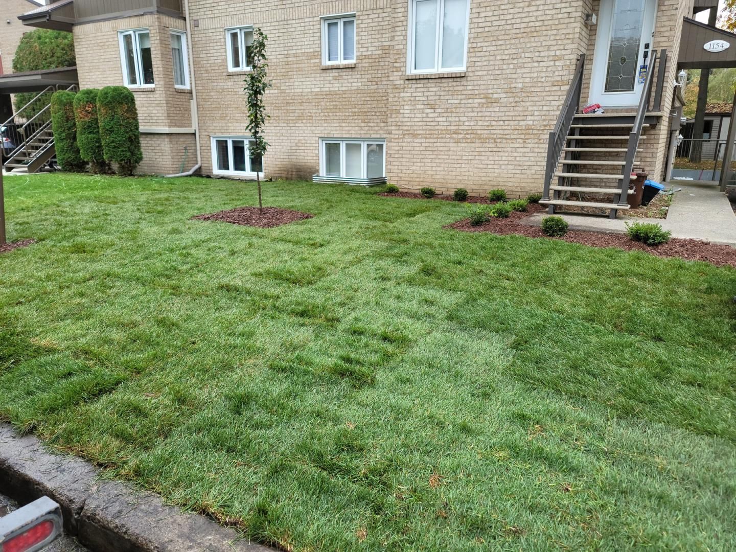 Une pelouse verdoyante devant une maison en brique.