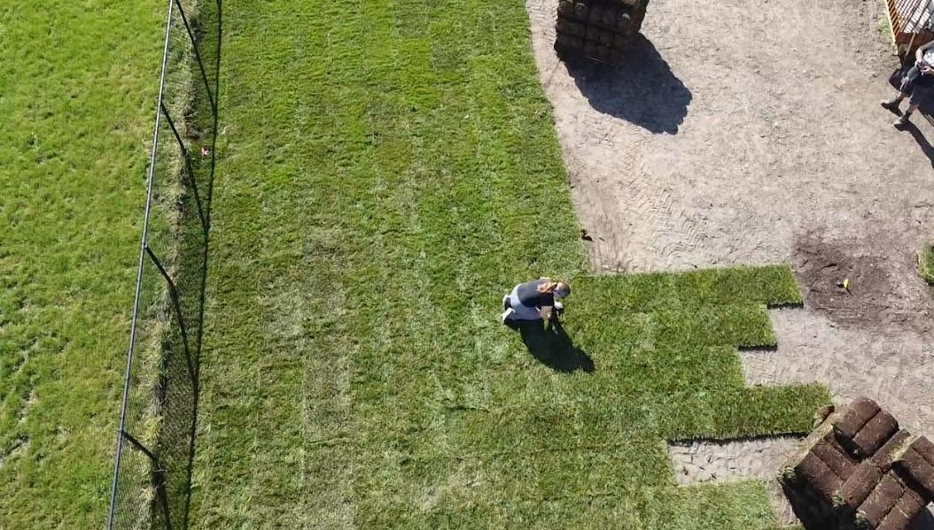 Vue aérienne d'une personne posant du gazon sur une pelouse.