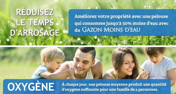 Une publicité pour Gazon moins d';eau montre une famille jouant dans l'herbe