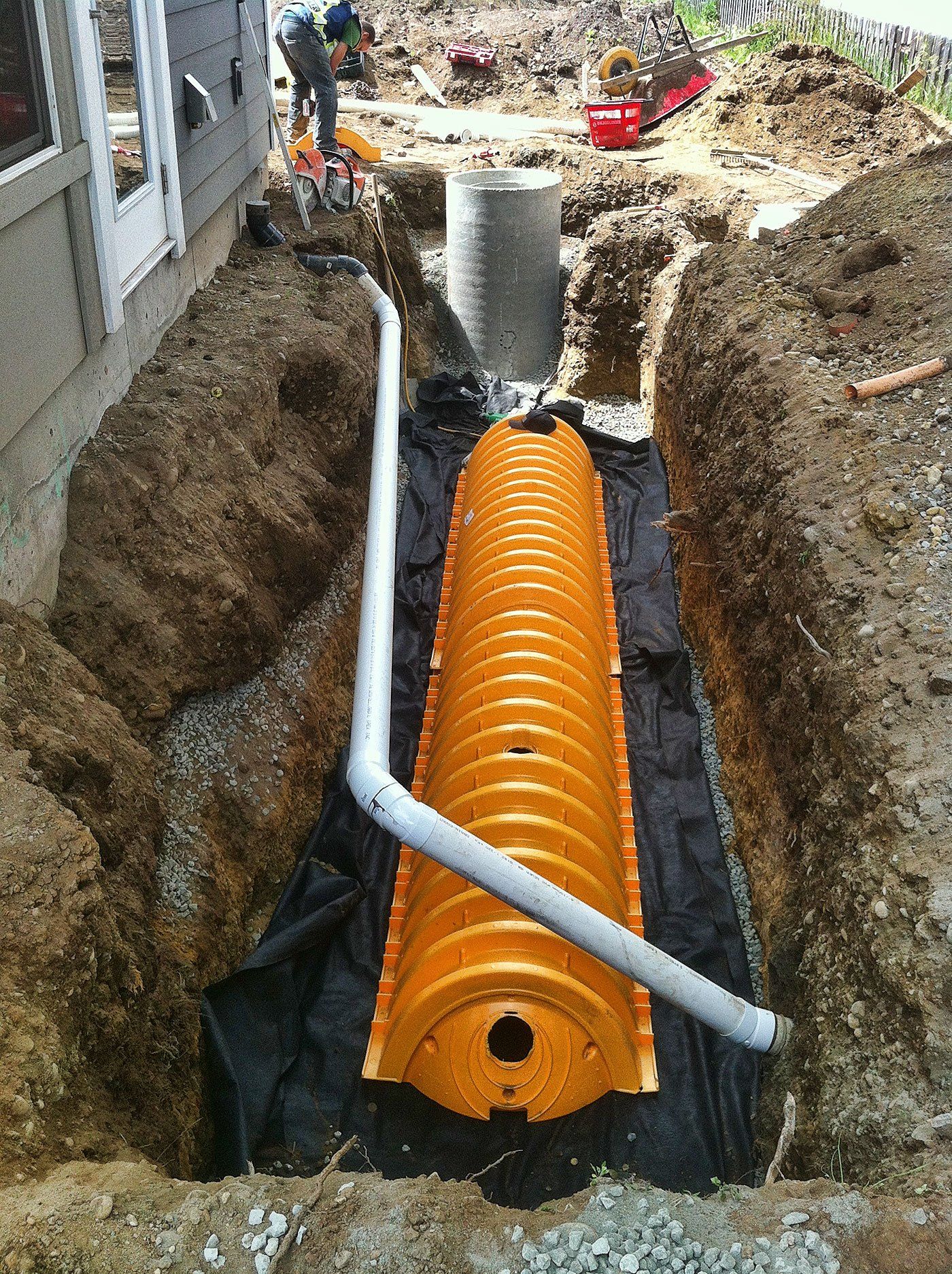 A residential rainwater harvesting system being installed in a trench
