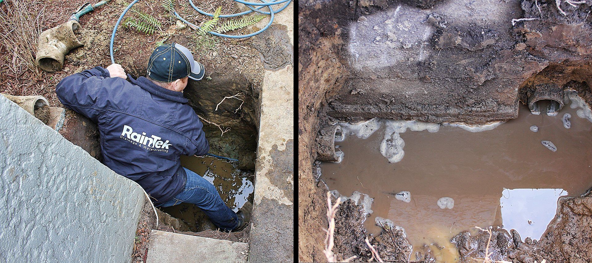 A RainTek drainage expert cleaning a clogged drainage system in Victoria BC