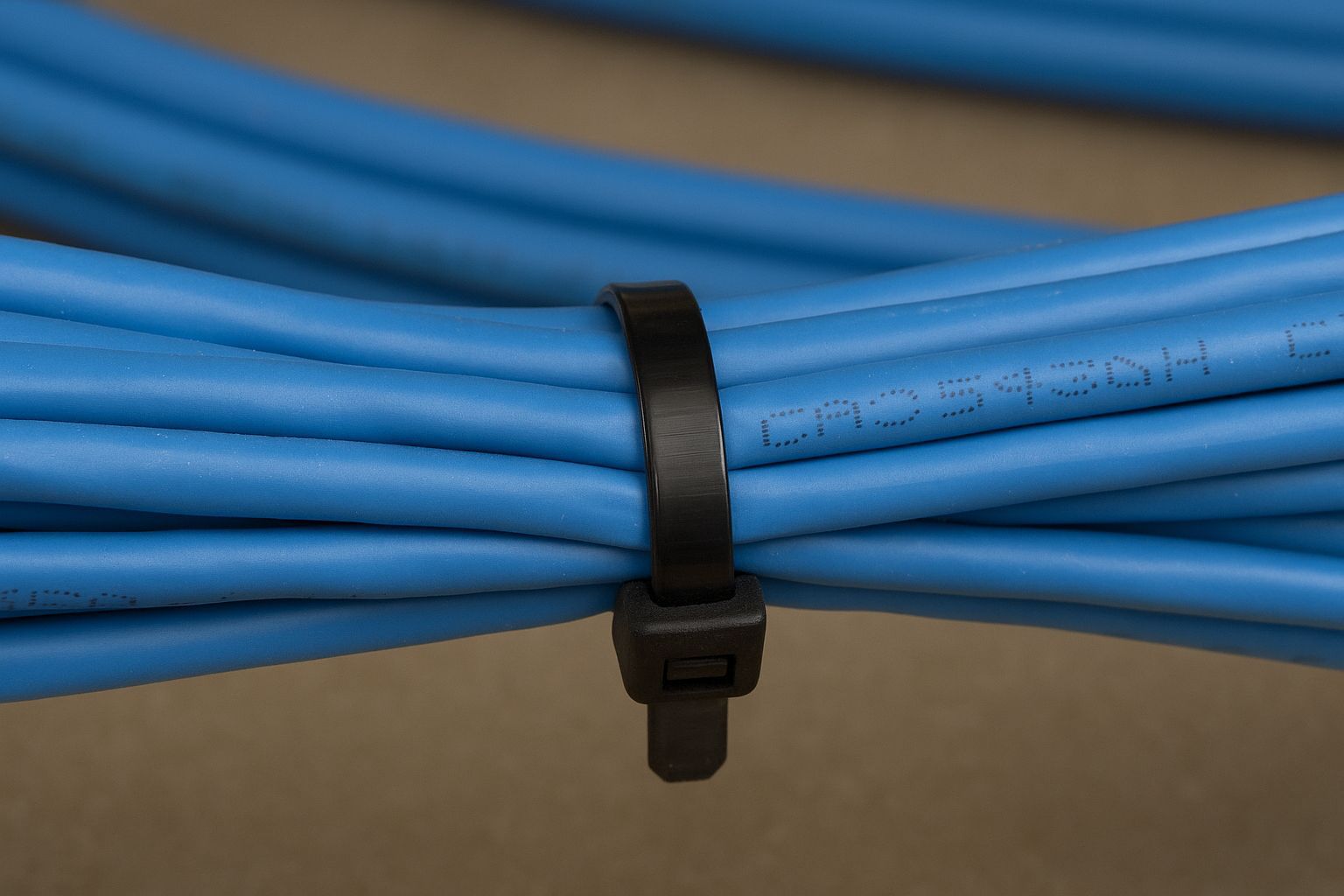 Black cable tie securing a bundle of blue cables.