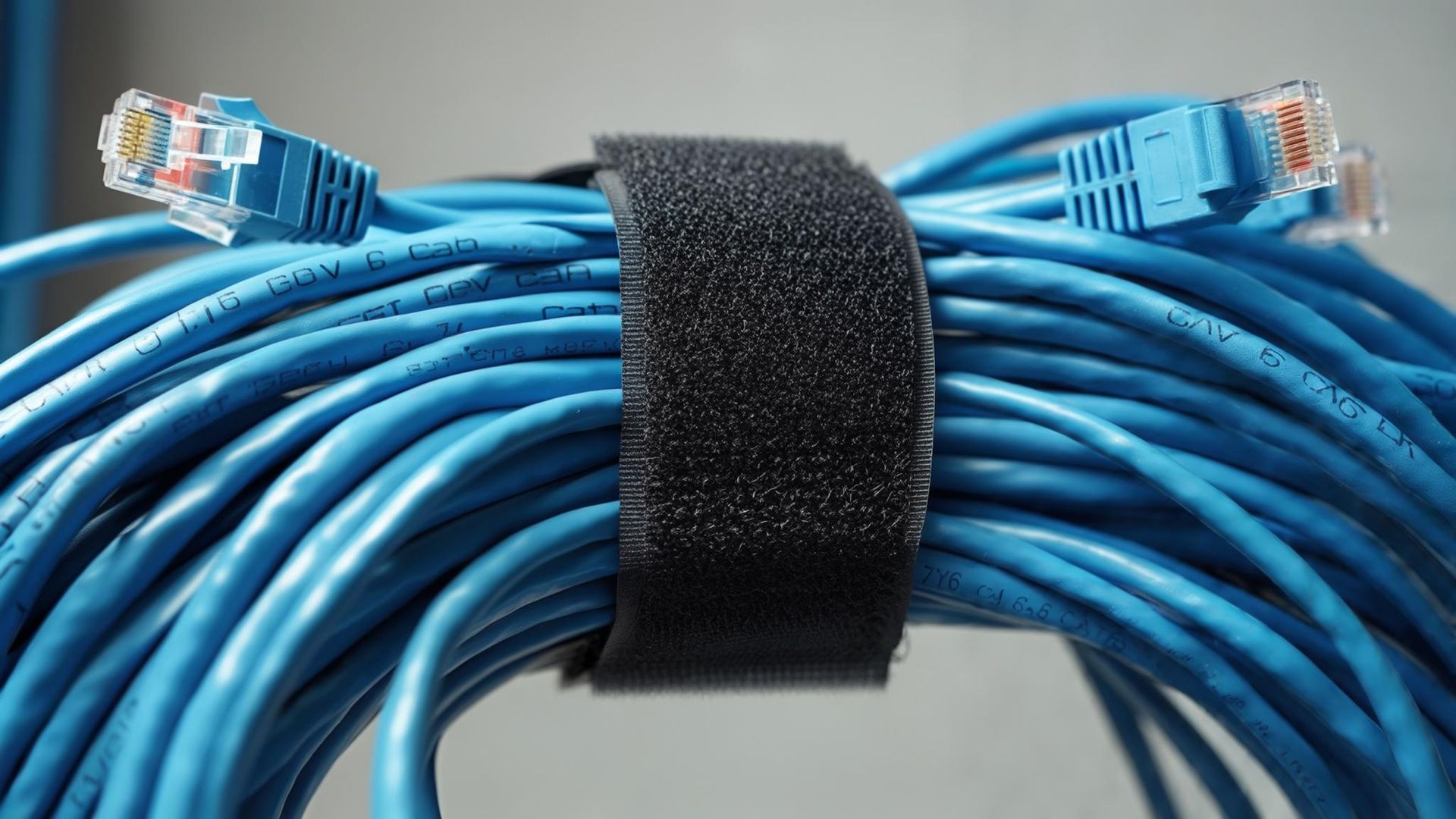 Blue ethernet cables bundled and secured with a black velcro strap.