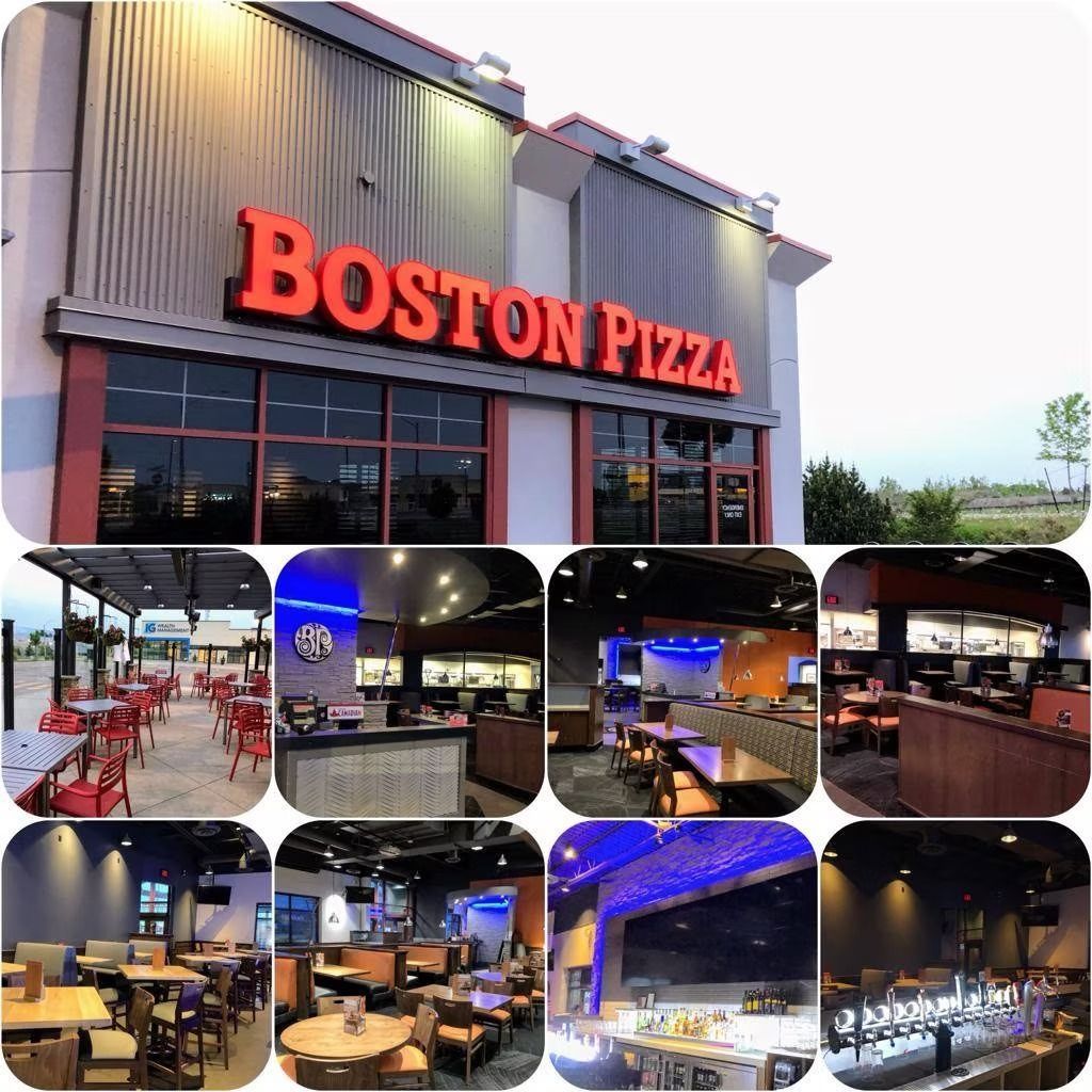 Boston Pizza restaurant exterior and interior views with seating and bar areas.