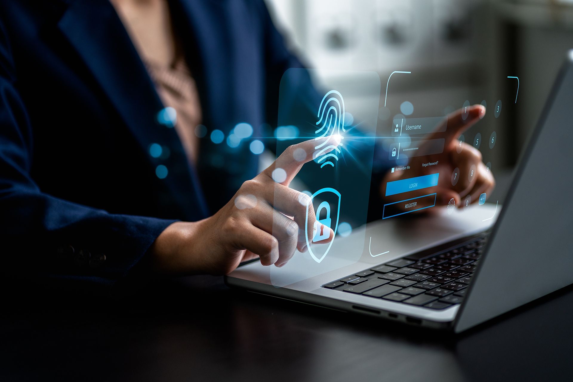 Woman using fingerprint login on laptop, digital security lock icons overlay.